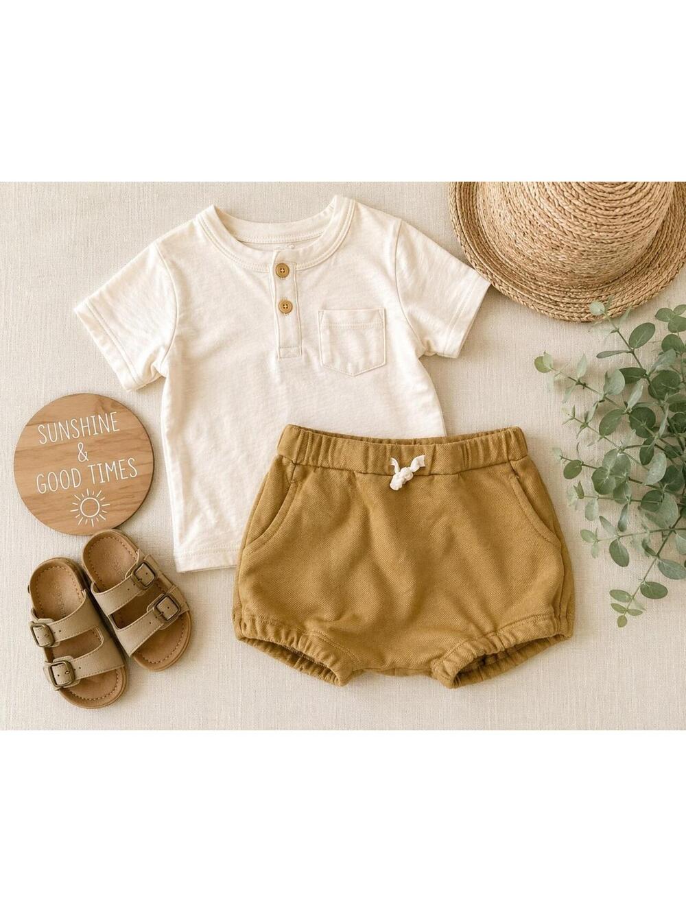 MilkBarn Baby Bloomers Shorts 12-18 Months Tan Organic Cotton Pull-On